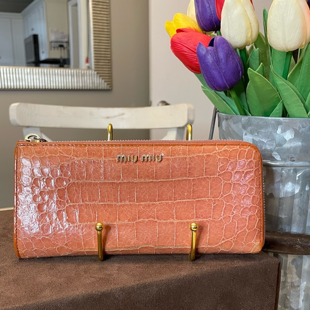 Miu Miu Zip Around Wallet In Cognac Embossed Leat… - image 1